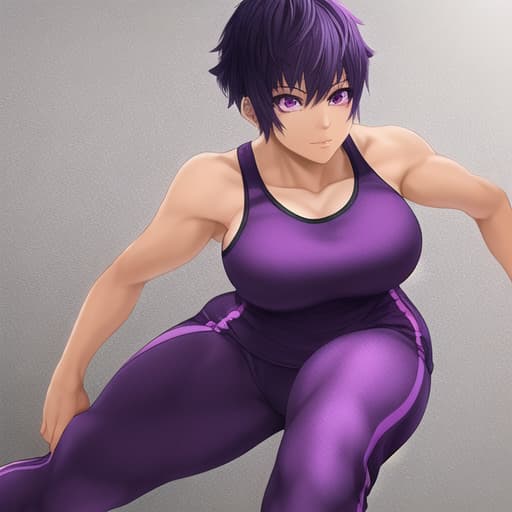  Black woman with short purple hair, purple eyes in a purple workout outfit