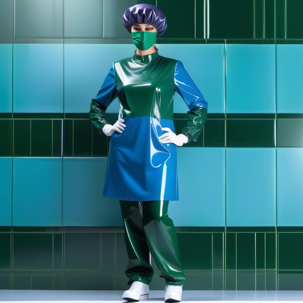  woman surgeon, wearing a shower cap beret made of two colors glossy latex, the upper part of the shower cap beret with a rounded dome in the shape of a mushroom with folds, made of glossy dark blue latex, the lower part of the shower cap beret with folds on an elastic band, glossy dark green latex, shower cap beret is divided horizontally into two parts, shower cap covers hair, ears and forehead, framing the face hyperrealistic, full body, detailed clothing, highly detailed, cinematic lighting, stunningly beautiful, intricate, sharp focus, f/1. 8, 85mm, (centered image composition), (professionally color graded), ((bright soft diffused light)), volumetric fog, trending on instagram, trending on tumblr, HDR 4K, 8K