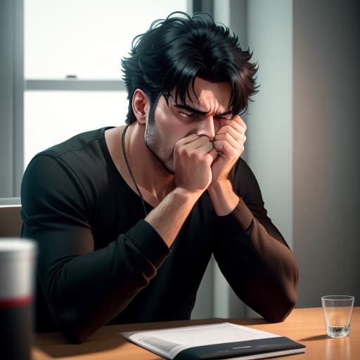  a man in his anger slams his hands on the table and at the same time everything in the room is blown from its spot as if a bomb went off, hyperrealistic, high quality, highly detailed, perfect lighting, intricate, sharp focus, f/1. 8, 85mm, (centered image composition), (professionally color graded), ((bright soft diffused light)), trending on instagram, HDR 4K, 8K