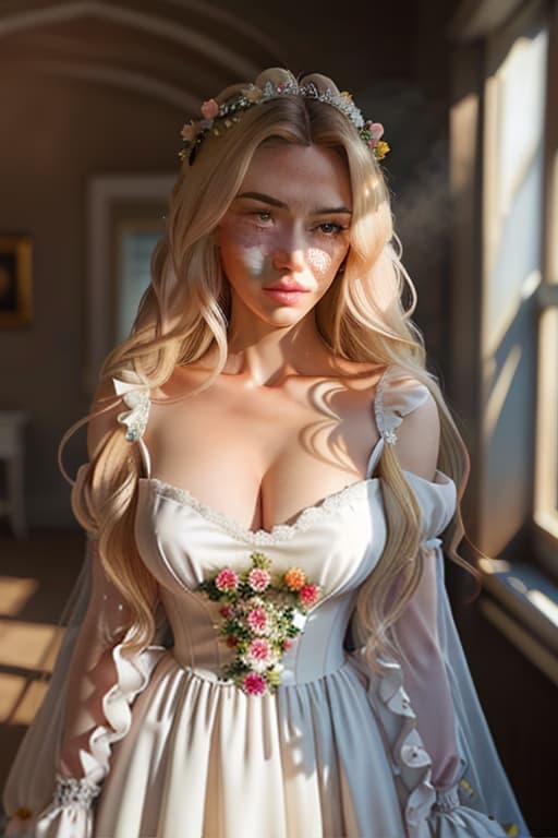  detailed and realistic portrait of a rapunzel maid with a few freckles, long blonde disheveled hairs, multicolor mesmerizing eyes, dark fluffy dress, soft natural lighting, portrait photography, magical photography, dramatic lighting, photo realism, ultra detailed, intimate portrait composition, flowers in background, Leica 50mm, f1. 4 hyperrealistic, full body, detailed clothing, highly detailed, cinematic lighting, stunningly beautiful, intricate, sharp focus, f/1. 8, 85mm, (centered image composition), (professionally color graded), ((bright soft diffused light)), volumetric fog, trending on instagram, trending on tumblr, HDR 4K, 8K