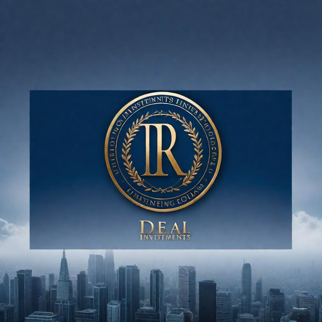  A professional and elegant logo for 'R Deal Investments' featuring only lettering in English. The text should be 'R Deal Investments' in gold lettering on a dark blue background, and the design should convey a sense of trust and sophistication suitable for an investment company. hyperrealistic, full body, detailed clothing, highly detailed, cinematic lighting, stunningly beautiful, intricate, sharp focus, f/1. 8, 85mm, (centered image composition), (professionally color graded), ((bright soft diffused light)), volumetric fog, trending on instagram, trending on tumblr, HDR 4K, 8K