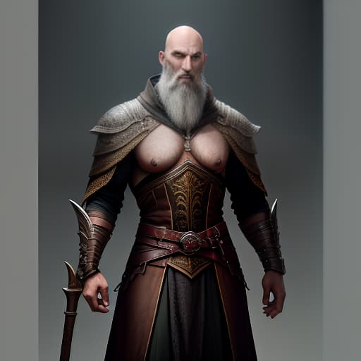  A tall ancient hunter of witches, bald with a beard and scars on his face. hyperrealistic, full body, detailed clothing, highly detailed, cinematic lighting, stunningly beautiful, intricate, sharp focus, f/1. 8, 85mm, (centered image composition), (professionally color graded), ((bright soft diffused light)), volumetric fog, trending on instagram, trending on tumblr, HDR 4K, 8K