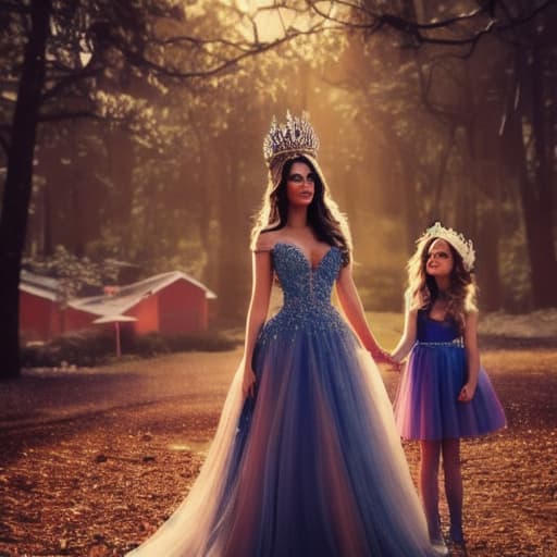  a girl wearing a crown standing with her mom and dad wearing crown and beautiful clothes hyperrealistic, full body, detailed clothing, highly detailed, cinematic lighting, stunningly beautiful, intricate, sharp focus, f/1. 8, 85mm, (centered image composition), (professionally color graded), ((bright soft diffused light)), volumetric fog, trending on instagram, trending on tumblr, HDR 4K, 8K