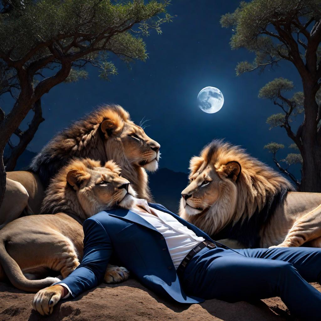  A man asleep in the middle of a den of peaceful lions under a dark blue sky, with the moon far off in the distance. hyperrealistic, full body, detailed clothing, highly detailed, cinematic lighting, stunningly beautiful, intricate, sharp focus, f/1. 8, 85mm, (centered image composition), (professionally color graded), ((bright soft diffused light)), volumetric fog, trending on instagram, trending on tumblr, HDR 4K, 8K