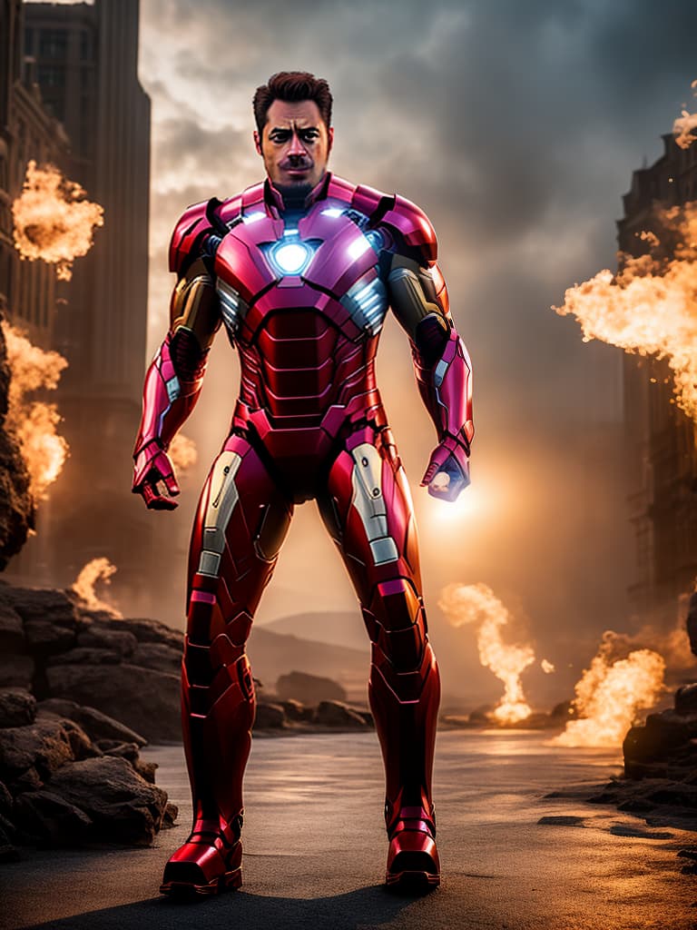  ironman tony stark in cinematic poster hyperrealistic, full body, detailed clothing, highly detailed, cinematic lighting, stunningly beautiful, intricate, sharp focus, f/1. 8, 85mm, (centered image composition), (professionally color graded), ((bright soft diffused light)), volumetric fog, trending on instagram, trending on tumblr, HDR 4K, 8K