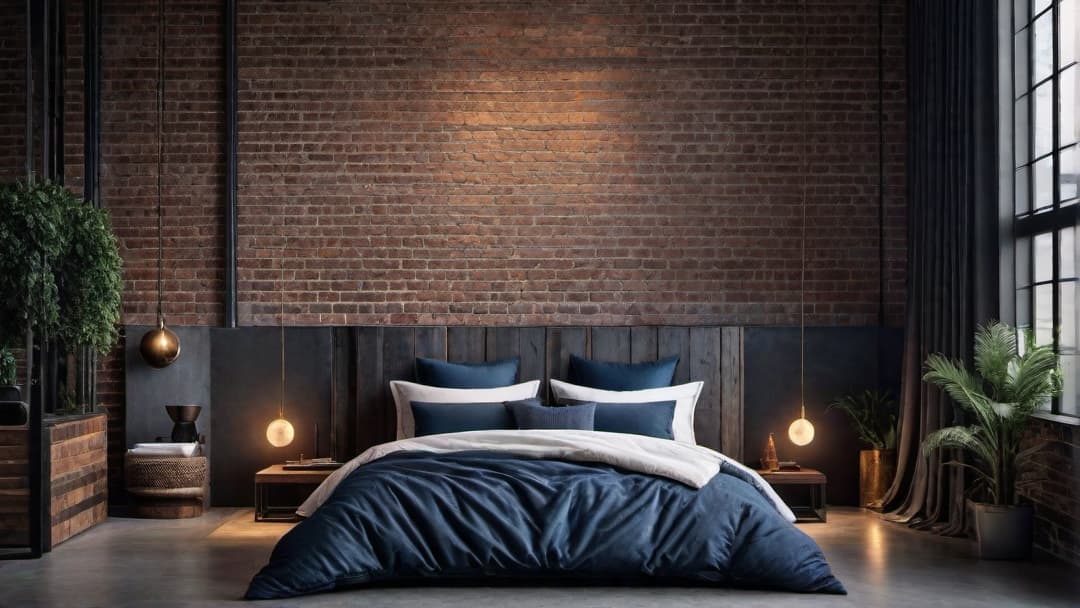  Create an image of a bedroom with an Industrial Chic style. The focal point is an Industrial Bed Frame featuring an Industrial Headboard made of dark wood and metal. The room has exposed brick walls, reclaimed wood surfaces, and metallic fixtures. The bedding uses muted Bedroom Colors like greys, deep blues, and blacks. Include vintage lamps and minimalist artwork to complete the Industrial Bedroom Decor. hyperrealistic, full body, detailed clothing, highly detailed, cinematic lighting, stunningly beautiful, intricate, sharp focus, f/1. 8, 85mm, (centered image composition), (professionally color graded), ((bright soft diffused light)), volumetric fog, trending on instagram, trending on tumblr, HDR 4K, 8K