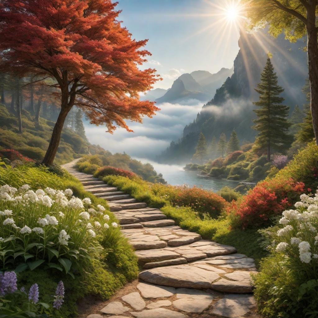  A serene, inspiring image with the text 'Philippians 3:14 - I press on toward the goal to win the prize for which God has called me heavenward in Christ Jesus.' The background can be a peaceful nature scene with a pathway leading towards a radiant light, symbolizing the heavenly goal. hyperrealistic, full body, detailed clothing, highly detailed, cinematic lighting, stunningly beautiful, intricate, sharp focus, f/1. 8, 85mm, (centered image composition), (professionally color graded), ((bright soft diffused light)), volumetric fog, trending on instagram, trending on tumblr, HDR 4K, 8K