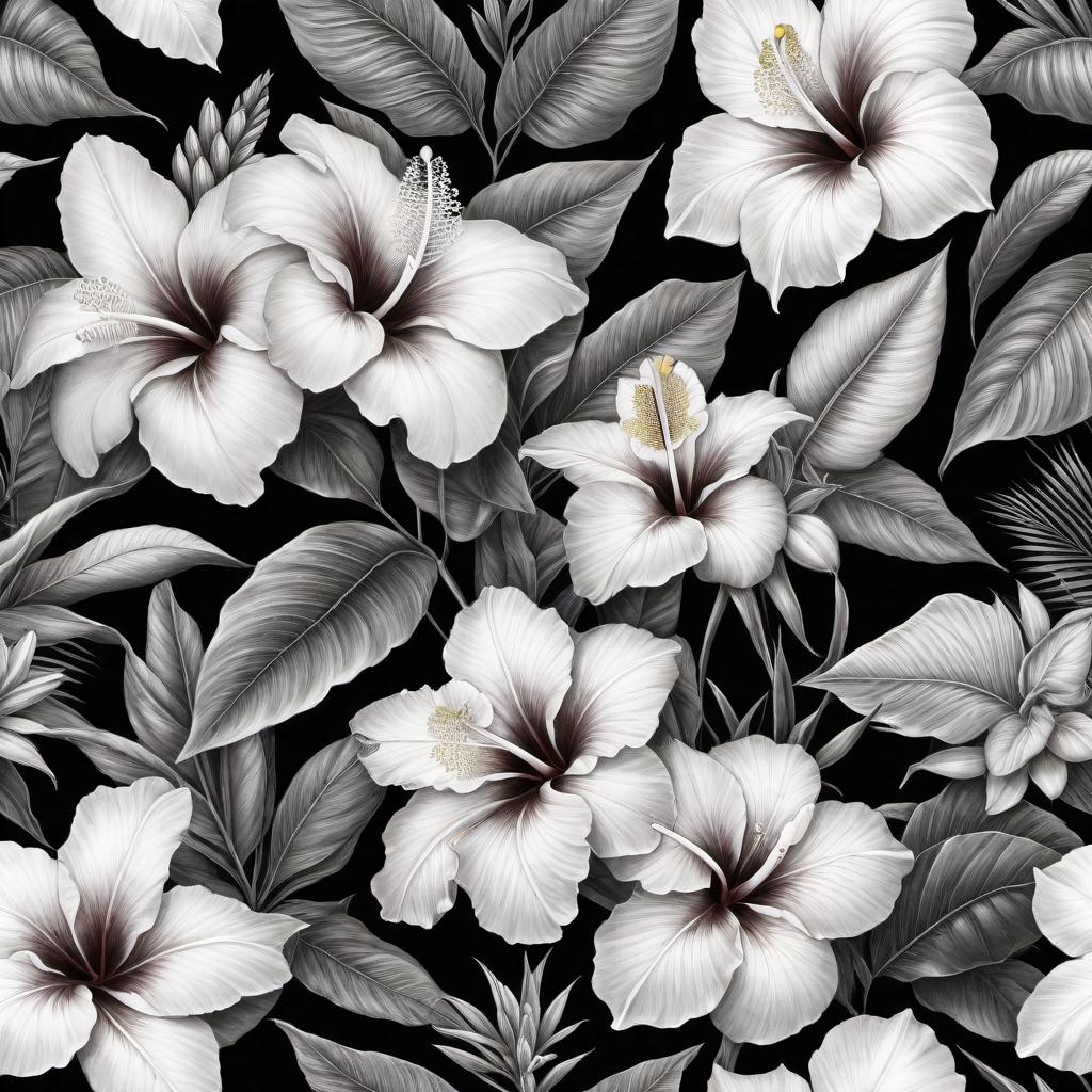  Black and white pencil drawing of different Hawaiian flowers, including hibiscus, plumeria, and birds of paradise with detailed lines and shading to showcase their unique patterns and textures. hyperrealistic, full body, detailed clothing, highly detailed, cinematic lighting, stunningly beautiful, intricate, sharp focus, f/1. 8, 85mm, (centered image composition), (professionally color graded), ((bright soft diffused light)), volumetric fog, trending on instagram, trending on tumblr, HDR 4K, 8K