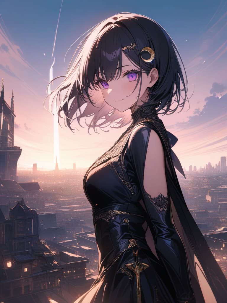  Holy sword,golden sword,burning city,smile,sword raised,golden light,Excalibur,cool girl,Black hair,(purple eyes),short,cropped hair,crescent moon hair ornament, masterpiece, best quality,8k,ultra detailed,high resolution,an extremely delicate and beautiful,hyper detail