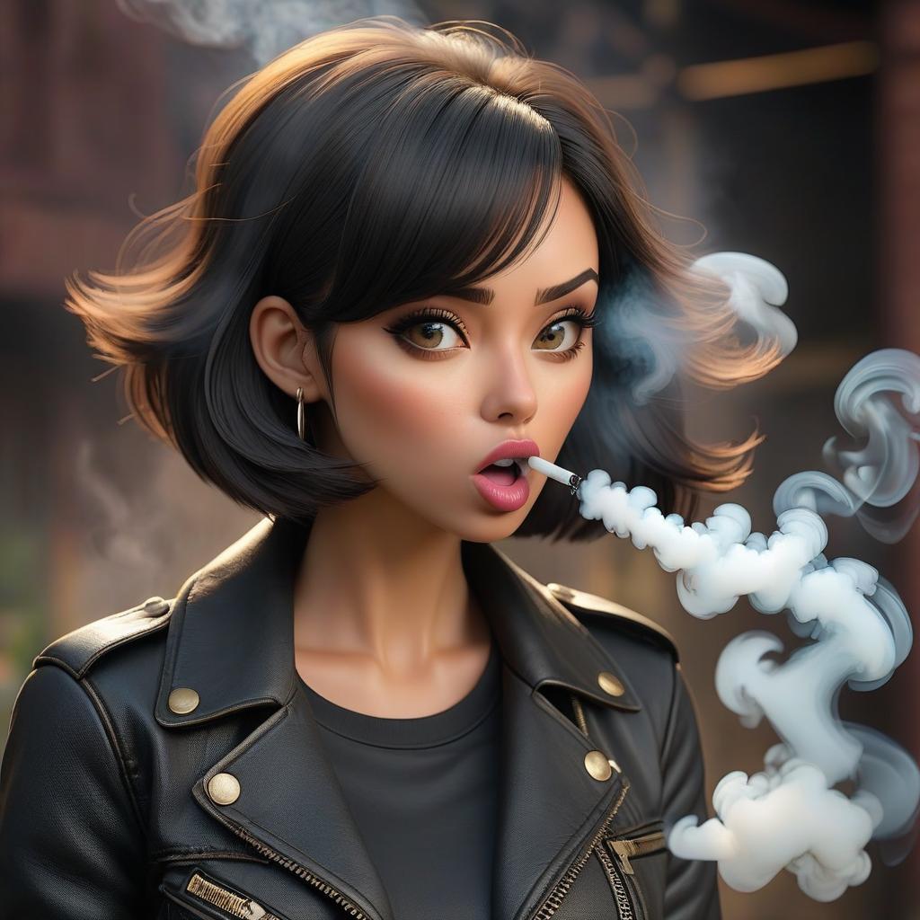  A girl with dark hair, sporting a bob cut, is wearing a black top and denim shorts, and a leather black jacket. She is blowing smoke through her mouth, a direct view, lighting is fluorescent. hyperrealistic, full body, detailed clothing, highly detailed, cinematic lighting, stunningly beautiful, intricate, sharp focus, f/1. 8, 85mm, (centered image composition), (professionally color graded), ((bright soft diffused light)), volumetric fog, trending on instagram, trending on tumblr, HDR 4K, 8K