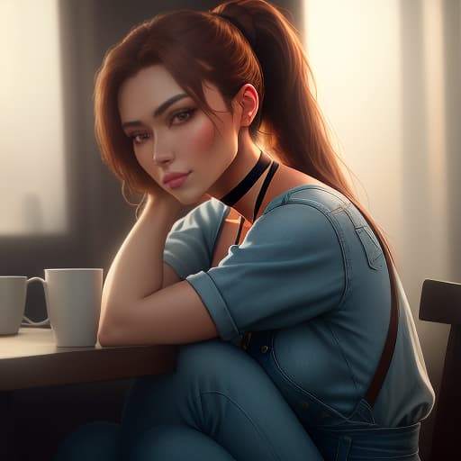  a very beautiful girl of Asian European origin is sitting in a cafe by the window, light brown hair pulled back in a ponytail, dressed in a work denim jumpsuit, choker around her neck, cinematographic shot, dynamic lighting, 75 mm, Technicolor, Panavision, cinemascope, clear focus, fine details, 8k, HDR, realism, realistic, key image, still film, excellent cinematic color reproduction, depth of field, natural beauty hyperrealistic, full body, detailed clothing, highly detailed, cinematic lighting, stunningly beautiful, intricate, sharp focus, f/1. 8, 85mm, (centered image composition), (professionally color graded), ((bright soft diffused light)), volumetric fog, trending on instagram, trending on tumblr, HDR 4K, 8K