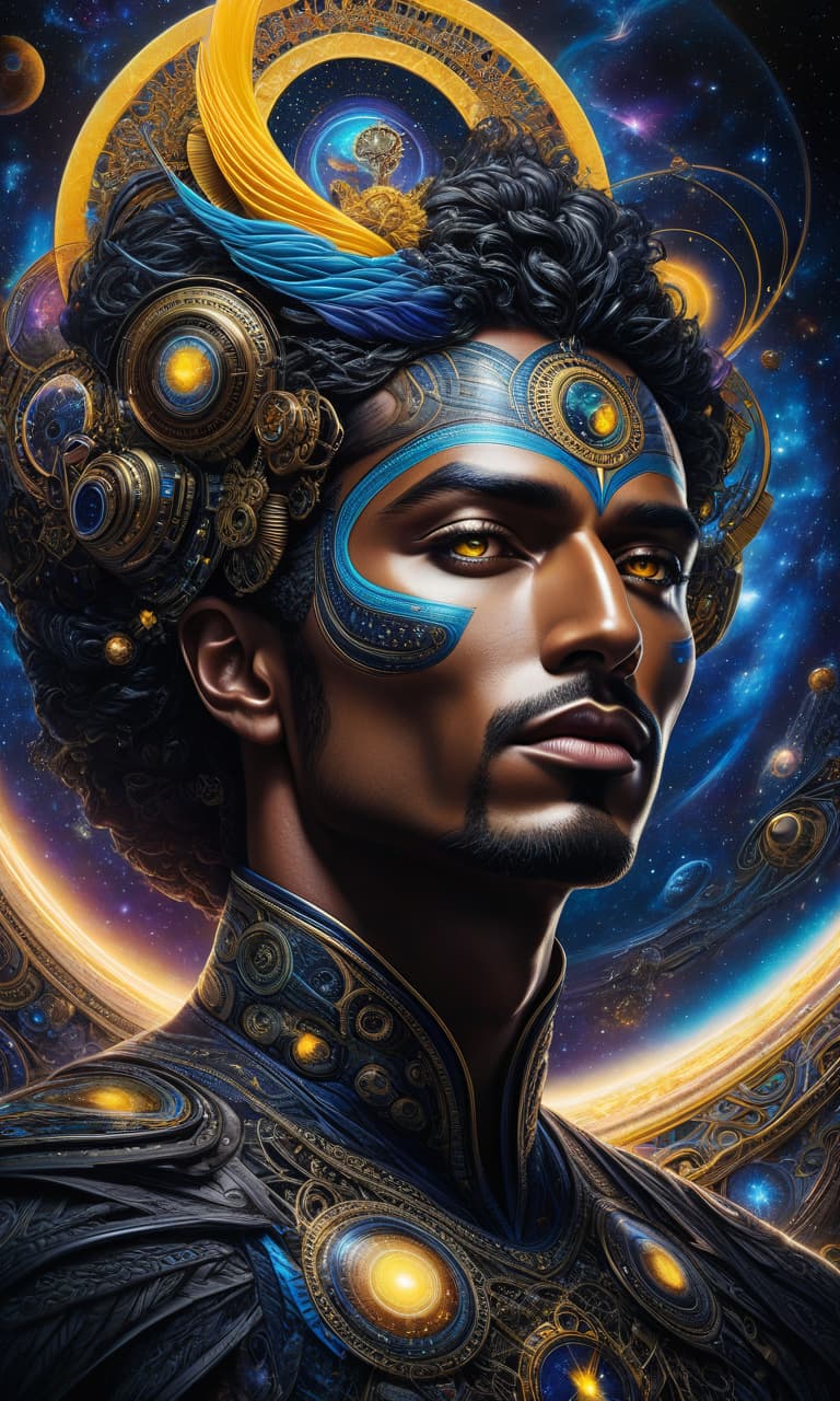  (psychedelic art, high detail, fantasy art: 1.3), mesmerizing male face, brightly glowing eyes with rotating colors, stunning combination of black, blue and yellow hues, intricate designs and patterns, cosmic background with galaxies and stars, ethereal and mystical atmosphere , otherworldly beauty, intricate celestial patterns, cosmic energy emanating from the eyes, a mesmerizing and captivating gaze, transcendental and surreal, a vibrant and dynamic composition, a close up that captures every intricate detail. hyperrealistic, full body, detailed clothing, highly detailed, cinematic lighting, stunningly beautiful, intricate, sharp focus, f/1. 8, 85mm, (centered image composition), (professionally color graded), ((bright soft diffused light)), volumetric fog, trending on instagram, trending on tumblr, HDR 4K, 8K