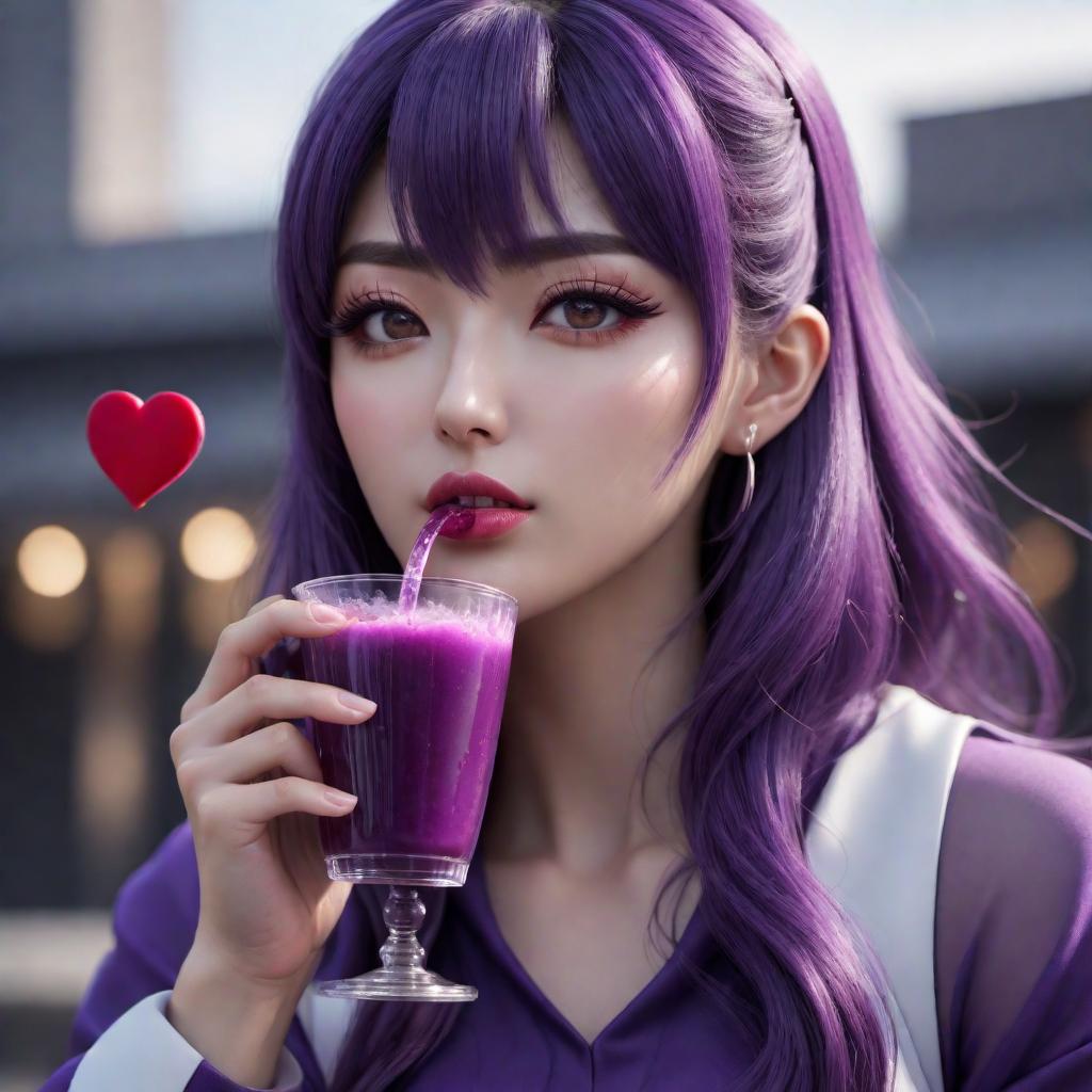  anime character drinking purple juice with hearts falling out of the cup hyperrealistic, full body, detailed clothing, highly detailed, cinematic lighting, stunningly beautiful, intricate, sharp focus, f/1. 8, 85mm, (centered image composition), (professionally color graded), ((bright soft diffused light)), volumetric fog, trending on instagram, trending on tumblr, HDR 4K, 8K