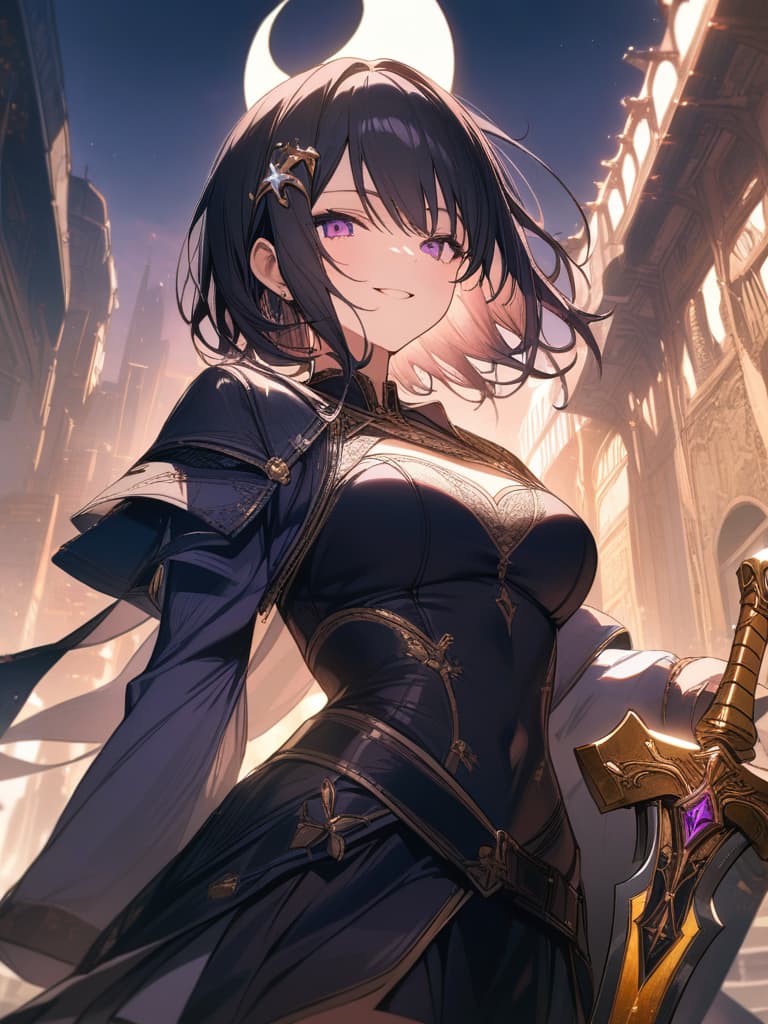  Holy sword,golden sword,burning city,smile,sword raised,golden light,Excalibur,cool girl,Black hair,(purple eyes),short,cropped hair,crescent moon hair ornament, masterpiece, best quality,8k,ultra detailed,high resolution,an extremely delicate and beautiful,hyper detail