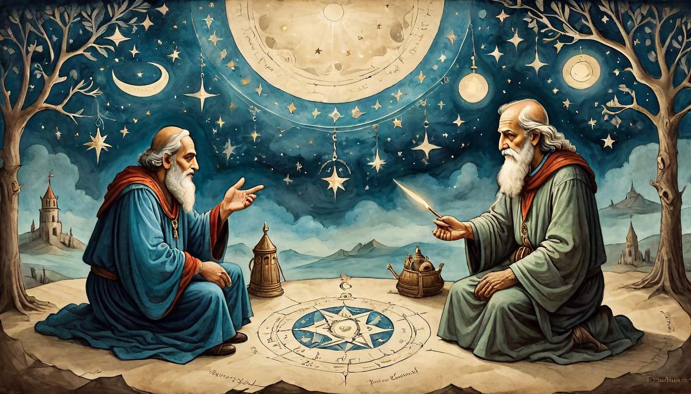  on parchment, surrealism+++, Circle of wise mentors, seated under a starlit sky, deep discussions and shared wisdom, illuminated faces, secure and grounded(mysterious, provocative, symbolic,muted color)+++