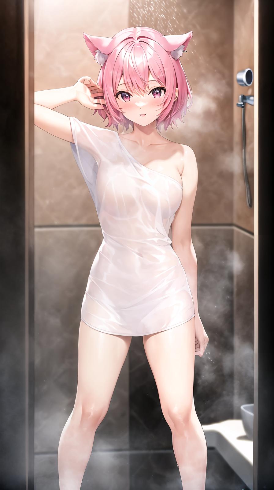  master piece , best quality,, no , big s in the shower with erect s, cat ears, pink hair, short hair, beautiful , full body view.