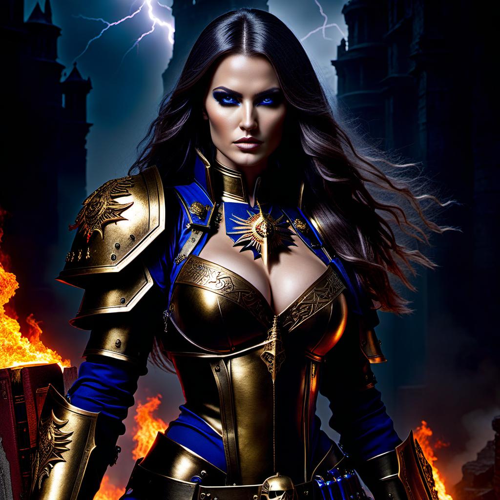  gothic style A space marine wearing ultramarine armor covering her , bare waist, a short leather covering her hips, high metallic boots up to her , in front of her with different colored eyes, long ashen hair, a cut on her face, a fiery spear in her right hand, a sparkling ball of lightning in her left hand, a book chained to her leg emitting a mystical light on her side, around her a ruined city in a gothic style, behind her burning ships, in the style of Warhammer 40,000. . dark, mysterious, haunting, dramatic, ornate, detailed, hkmagic hyperrealistic, full body, detailed clothing, highly detailed, cinematic lighting, stunningly beautiful, intricate, sharp focus, f/1. 8, 85mm, (centered image composition), (professionally color graded), ((bright soft diffused light)), volumetric fog, trending on instagram, trending on tumblr, HDR 4K, 8K