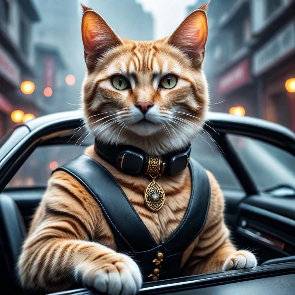  A cat is driving a car in Wuhan. hyperrealistic, full body, detailed clothing, highly detailed, cinematic lighting, stunningly beautiful, intricate, sharp focus, f/1. 8, 85mm, (centered image composition), (professionally color graded), ((bright soft diffused light)), volumetric fog, trending on instagram, trending on tumblr, HDR 4K, 8K