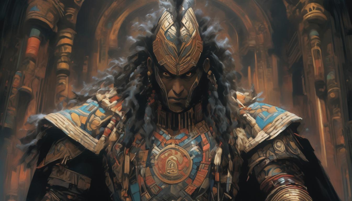  hyperrealism,fantasy aestheticPortrait of Pachacuti, a transformative figure, profound impact, traditional Inca attire, cosmic balance, legacy, influence, high tech clothing clad in sleek, futuristic costume with metallic accents and form fitting designs, marvel superhero comics style, unreal engine rendering