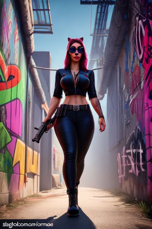  Sexy Chicano woman with sunglasses. She is holding a shotgun. Walking towards you. Graffiti painted wall backdrop hyperrealistic, full body, detailed clothing, highly detailed, cinematic lighting, stunningly beautiful, intricate, sharp focus, f/1. 8, 85mm, (centered image composition), (professionally color graded), ((bright soft diffused light)), volumetric fog, trending on instagram, trending on tumblr, HDR 4K, 8K