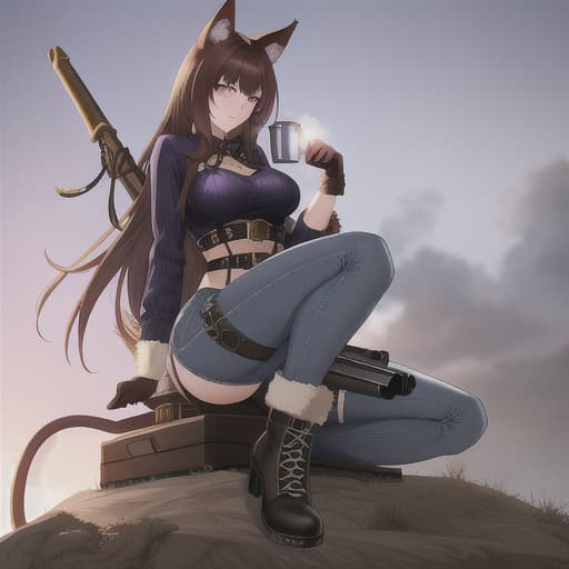  Cat girl, purple eyes, brown hair, fluffy tail, in a jean outfit, Drug Trafficker, with weapons hyperrealistic, full body, detailed clothing, highly detailed, cinematic lighting, stunningly beautiful, intricate, sharp focus, f/1. 8, 85mm, (centered image composition), (professionally color graded), ((bright soft diffused light)), volumetric fog, trending on instagram, trending on tumblr, HDR 4K, 8K