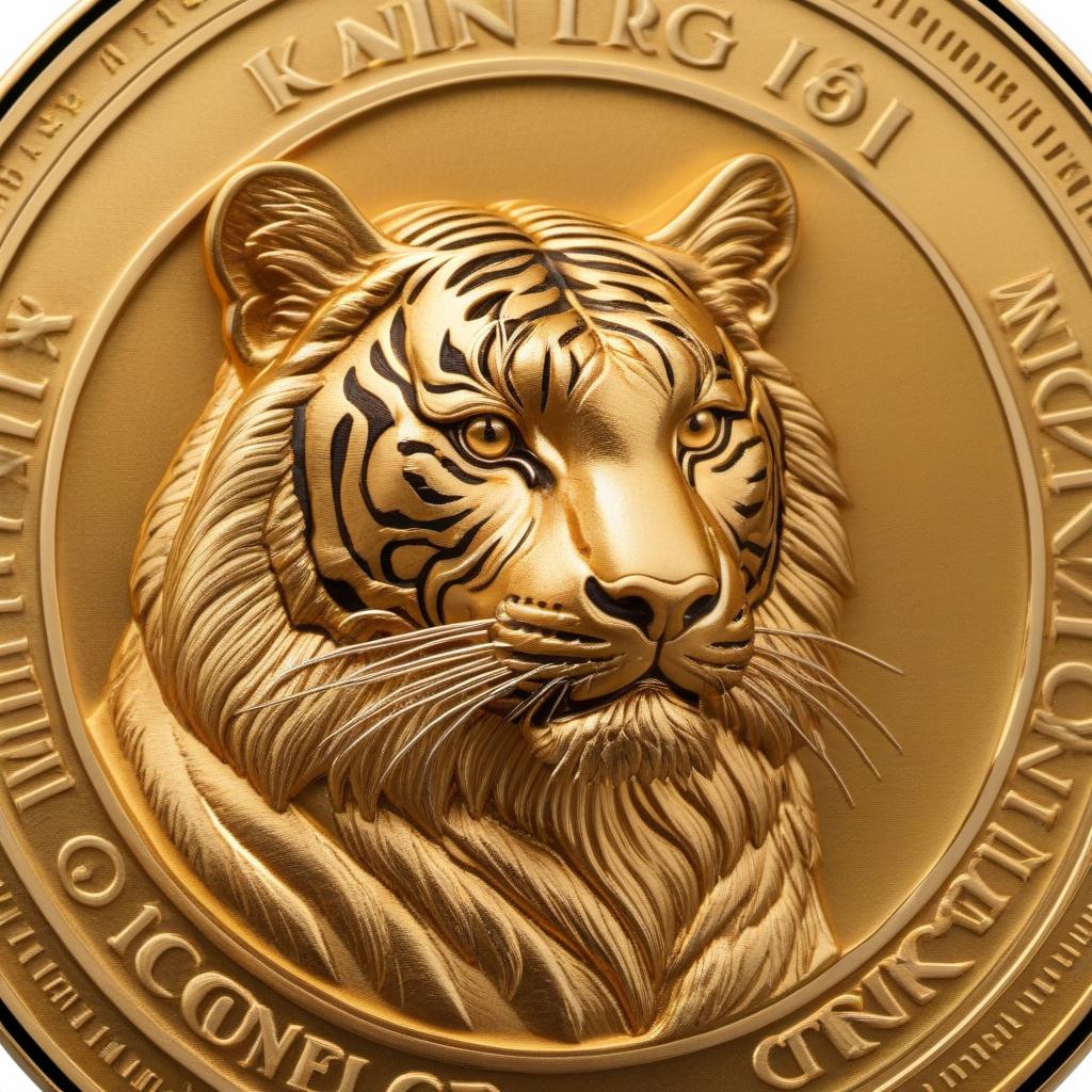  Golden Coin with the muzzle of the tiger and the name of the coin under the tiger-efect hyperrealistic, full body, detailed clothing, highly detailed, cinematic lighting, stunningly beautiful, intricate, sharp focus, f/1. 8, 85mm, (centered image composition), (professionally color graded), ((bright soft diffused light)), volumetric fog, trending on instagram, trending on tumblr, HDR 4K, 8K