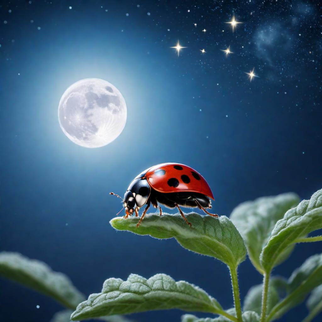  A worm's-eye view looking up at a close-up of a ladybug flying against a blue night sky with a full moon in view. The image captures the underside of the ladybug's wings illuminated by the moonlight, with stars twinkling in the background. The composition should evoke a sense of wonder and the beauty of nature at night. hyperrealistic, full body, detailed clothing, highly detailed, cinematic lighting, stunningly beautiful, intricate, sharp focus, f/1. 8, 85mm, (centered image composition), (professionally color graded), ((bright soft diffused light)), volumetric fog, trending on instagram, trending on tumblr, HDR 4K, 8K