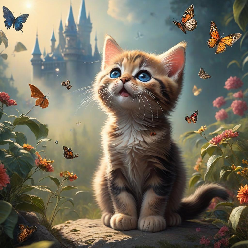  (Vintage Cartoon Style: 1.4), Kitten and Butterflies, Disney Cartoon Style, Oil Painting, (Surrealism: 1.2), High Quality, High Definition, Lots of Details hyperrealistic, full body, detailed clothing, highly detailed, cinematic lighting, stunningly beautiful, intricate, sharp focus, f/1. 8, 85mm, (centered image composition), (professionally color graded), ((bright soft diffused light)), volumetric fog, trending on instagram, trending on tumblr, HDR 4K, 8K