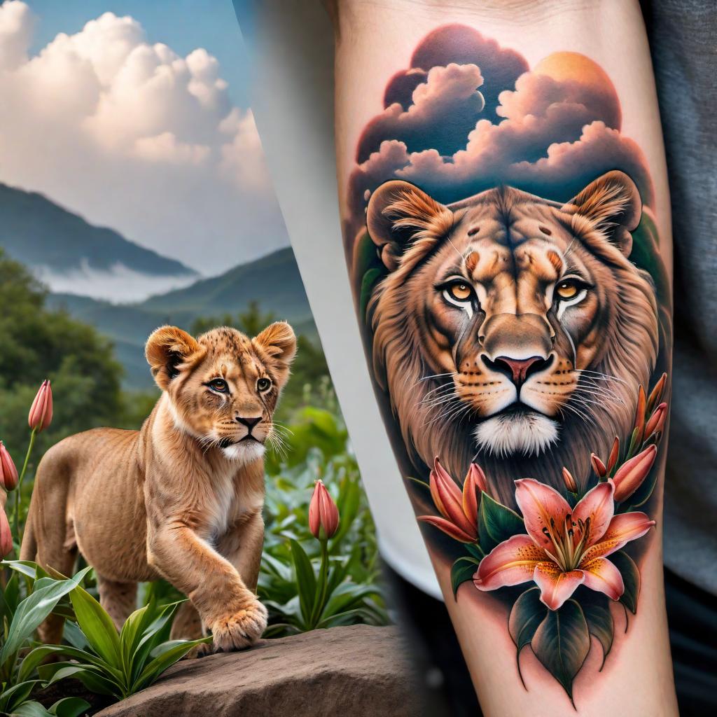  Tattoo for right forearm symbolizing a dad lion protecting his daughter cub, with lilies and clouds in the background. The design should showcase the father lion in a protective stance with a young cub close by, surrounded by detailed lilies and soft, ethereal clouds, creating a sense of beauty and protection. hyperrealistic, full body, detailed clothing, highly detailed, cinematic lighting, stunningly beautiful, intricate, sharp focus, f/1. 8, 85mm, (centered image composition), (professionally color graded), ((bright soft diffused light)), volumetric fog, trending on instagram, trending on tumblr, HDR 4K, 8K