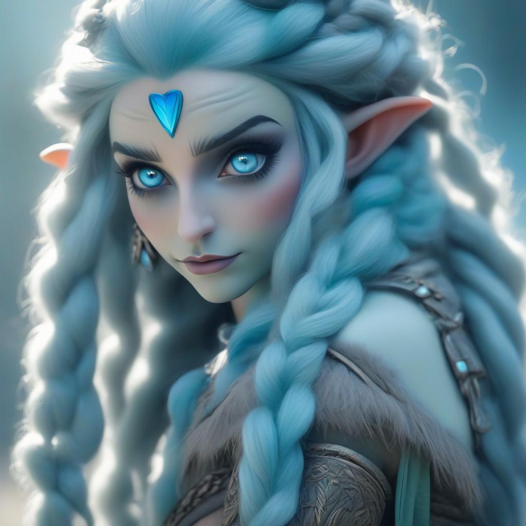  A young elf girl with gray skin, with numerous blue braids on her head, long blue eyebrows, bright eyes, and narrow lips. The elf girl is dressed in the clothing of a fantasy traveler. hyperrealistic, full body, detailed clothing, highly detailed, cinematic lighting, stunningly beautiful, intricate, sharp focus, f/1. 8, 85mm, (centered image composition), (professionally color graded), ((bright soft diffused light)), volumetric fog, trending on instagram, trending on tumblr, HDR 4K, 8K