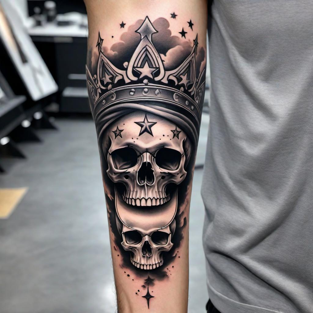  A tattoo sleeve design for a beginner tattooist featuring stars, bandana markings, a crown, a couple of skulls, and clouds in black and gray shading. The design should be simple with not too much detail, emphasizing clear and bold lines to make it easier for a novice to execute. The layout should flow naturally along the arm, incorporating the elements seamlessly. hyperrealistic, full body, detailed clothing, highly detailed, cinematic lighting, stunningly beautiful, intricate, sharp focus, f/1. 8, 85mm, (centered image composition), (professionally color graded), ((bright soft diffused light)), volumetric fog, trending on instagram, trending on tumblr, HDR 4K, 8K