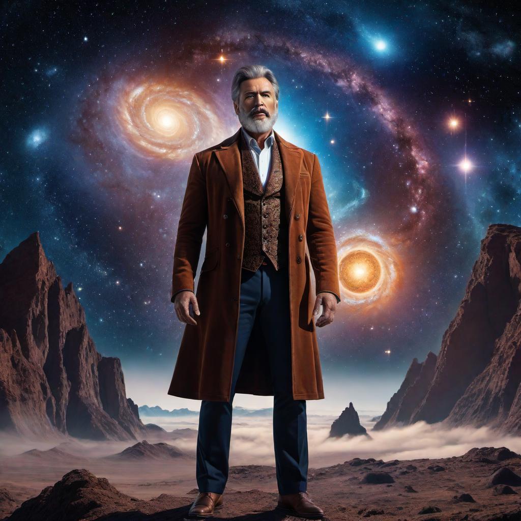  A man discovering the secrets of the universe. The man stands in the center of the image, looking awestruck. Surrounding him are celestial bodies such as stars, planets, and galaxies, along with mysterious symbols and equations floating in the air. The scene has an ethereal glow, with vibrant colors and swirling cosmic dust. The man's expression shows a mix of wonder and realization, as if he has unlocked profound knowledge. hyperrealistic, full body, detailed clothing, highly detailed, cinematic lighting, stunningly beautiful, intricate, sharp focus, f/1. 8, 85mm, (centered image composition), (professionally color graded), ((bright soft diffused light)), volumetric fog, trending on instagram, trending on tumblr, HDR 4K, 8K