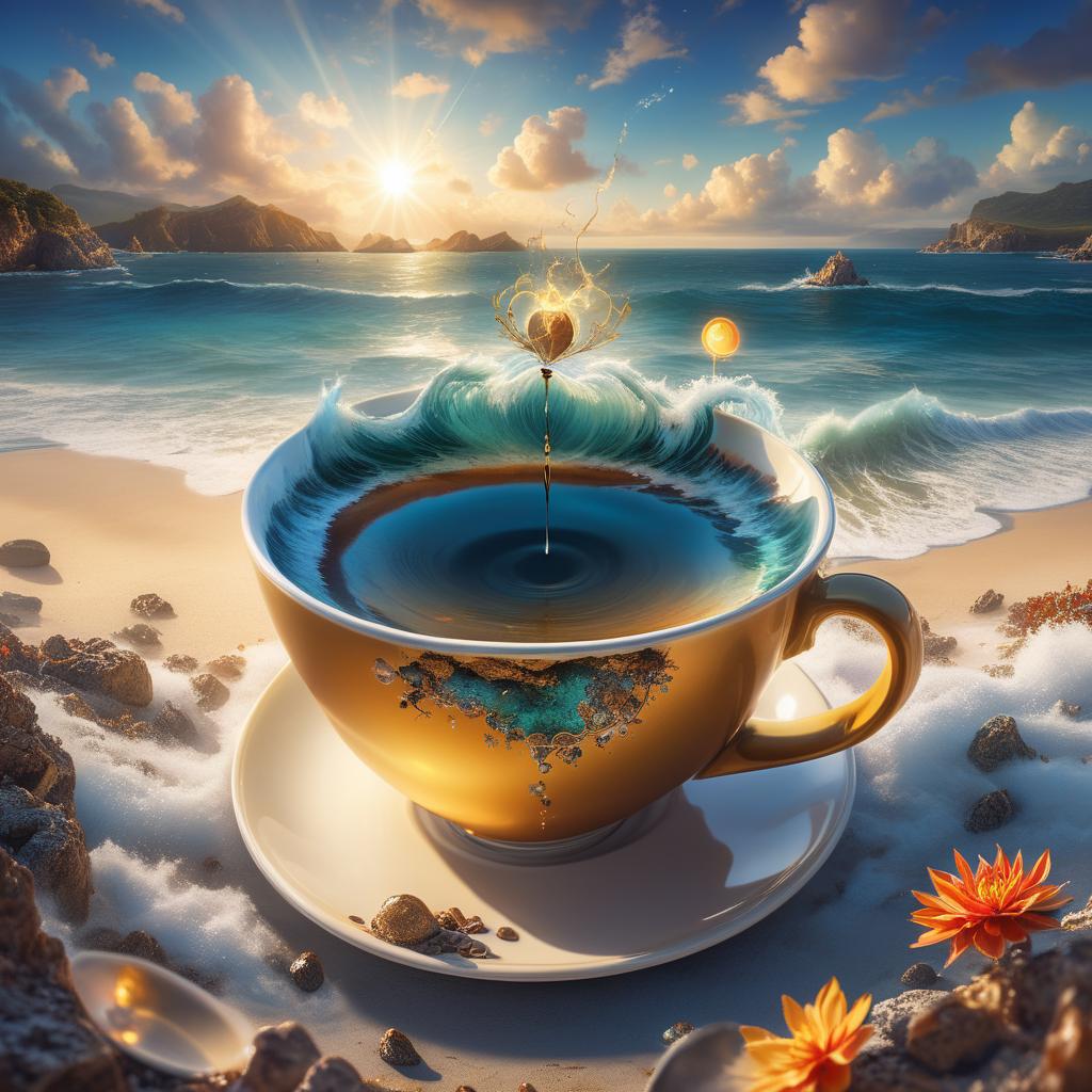  HDR photo of (digital painting, surrealism:1.2), magical world inside a coffee cup, sea and islands floating on the surface, small sun shining above the cup, dreamlike atmosphere, fantastical colors blending seamlessly, swirling lights dancing across the miniature landscape, surreal and enchanting mood, intricate details in every whimsical element, a sense of wonder and magic encapsulated in a single cup . High dynamic range, vivid, rich details, clear shadows and highlights, realistic, intense, enhanced contrast, highly detailed hyperrealistic, full body, detailed clothing, highly detailed, cinematic lighting, stunningly beautiful, intricate, sharp focus, f/1. 8, 85mm, (centered image composition), (professionally color graded), ((bright soft diffused light)), volumetric fog, trending on instagram, trending on tumblr, HDR 4K, 8K