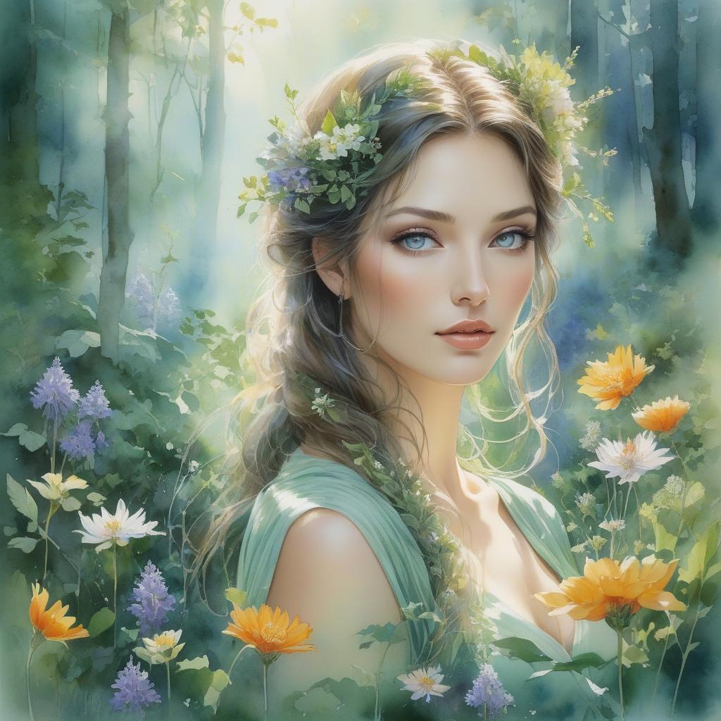  n the style of Nathalie Picoulet, an awe inspiring watercolor painting transports viewers to a magical forest. At the center of this enchanting scene stands a breathtakingly beautiful woman, her ethereal presence suffused with the essence of nature. Delicate brushstrokes depict her flowing hair intertwined with vibrant wildflowers, each petal meticulously detailed. Her emerald eyes emanate a captivating radiance, perfectly mirroring the lush greenery surrounding her. This meticulously crafted image evokes a sense of wonder, inviting spectators to explore the mystical world captured within this stunning watercolor masterpiece. hyperrealistic, full body, detailed clothing, highly detailed, cinematic lighting, stunningly beautiful, intricate, sharp focus, f/1. 8, 85mm, (centered image composition), (professionally color graded), ((bright soft diffused light)), volumetric fog, trending on instagram, trending on tumblr, HDR 4K, 8K