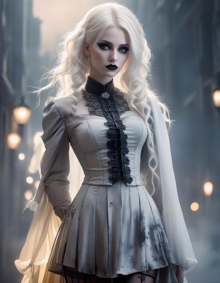  cinematic photo Gothic fashion, a beautiful gothic with white blonde hair, freckles, full body view, pop costume, detailed watercolor and ink, victorian punk, pop goth culture, gothic background, backglow, contrasted lighting, dynamic pose, fashion magazine, art by ashley wood, by thomas blackshear, by natalie shau, by daniel f gerhart . 35mm photograph, film, bokeh, professional, 4k, highly detailed hyperrealistic, full body, detailed clothing, highly detailed, cinematic lighting, stunningly beautiful, intricate, sharp focus, f/1. 8, 85mm, (centered image composition), (professionally color graded), ((bright soft diffused light)), volumetric fog, trending on instagram, trending on tumblr, HDR 4K, 8K