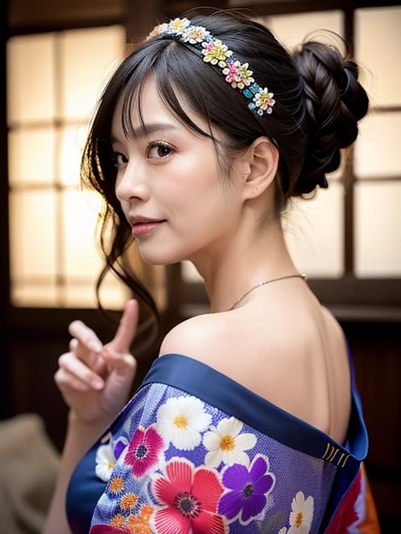  A beautiful mature woman, wear a yukata with his shoulders out, turn back, look back, smile, (Masterpiece, BestQuality:1.3), (ultra detailed:1.2), (hyperrealistic:1.3), (RAW photo:1.2),High detail RAW color photo, professional photograph, (Photorealistic:1.4), (realistic:1.4), ,professional lighting, (japanese), beautiful face, (realistic face)