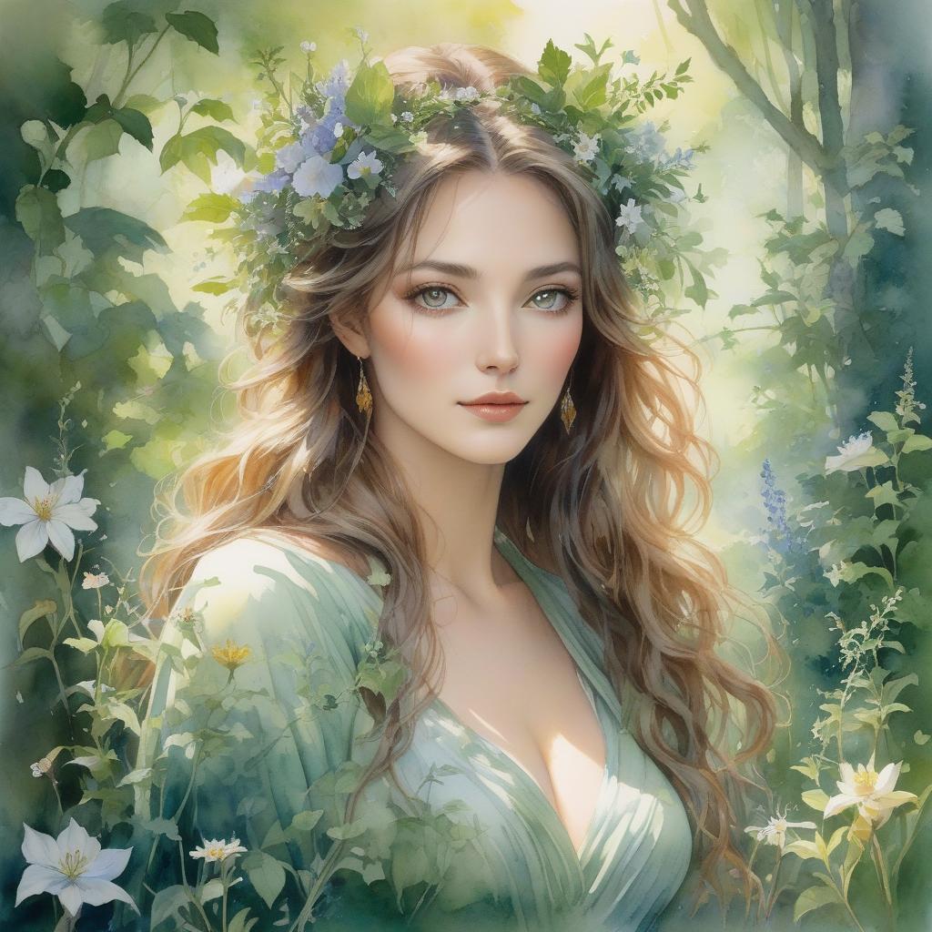  watercolor painting n the style of Nathalie Picoulet, an awe inspiring watercolor painting transports viewers to a magical forest. At the center of this enchanting scene stands a breathtakingly beautiful woman, her ethereal presence suffused with the essence of nature. Delicate brushstrokes depict her flowing hair intertwined with vibrant wildflowers, each petal meticulously detailed. Her emerald eyes emanate a captivating radiance, perfectly mirroring the lush greenery surrounding her. This meticulously crafted image evokes a sense of wonder, inviting spectators to explore the mystical world captured within this stunning watercolor masterpiece. . vibrant, beautiful, painterly, detailed, textural, artistic hyperrealistic, full body, detailed clothing, highly detailed, cinematic lighting, stunningly beautiful, intricate, sharp focus, f/1. 8, 85mm, (centered image composition), (professionally color graded), ((bright soft diffused light)), volumetric fog, trending on instagram, trending on tumblr, HDR 4K, 8K