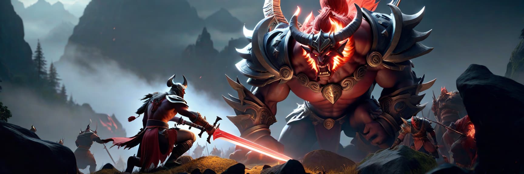  A sword cutting through demons kills a Dota 2 character who is on their knees. hyperrealistic, full body, detailed clothing, highly detailed, cinematic lighting, stunningly beautiful, intricate, sharp focus, f/1. 8, 85mm, (centered image composition), (professionally color graded), ((bright soft diffused light)), volumetric fog, trending on instagram, trending on tumblr, HDR 4K, 8K