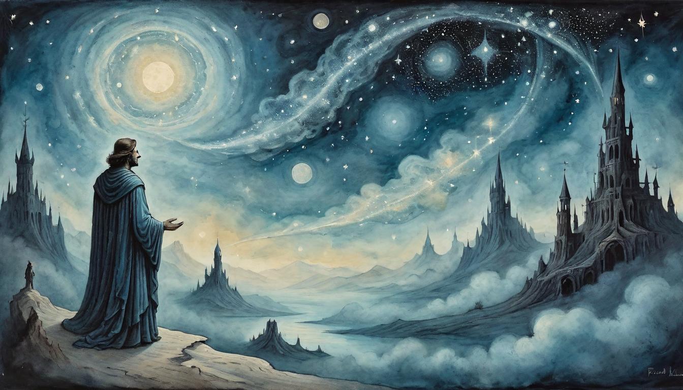  on parchment, surrealism+++, Eerie, enticing figure with outstretched hand, figure's features nebulous and obscured, surrounded by shimmering, ethereal traps, backdrop is a night sky filled with beguiling but empty stars, mood of deception, futile activities(mysterious, provocative, symbolic,muted color)+++