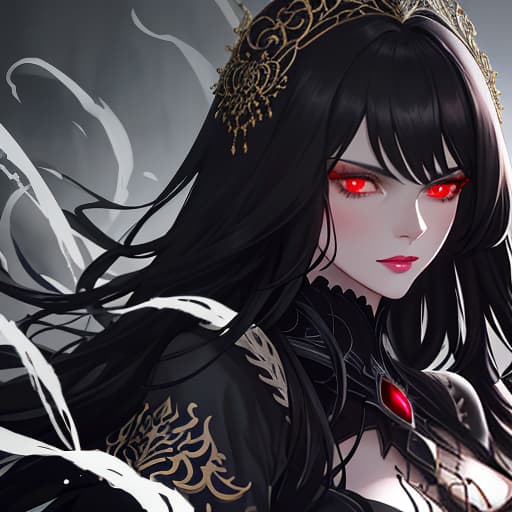  A close up portrait of a woman with tousled dark hair, wearing a black outfit with intricate details. She has a serious, intense expression on her face, with glowing red eyes and a moody, dramatic lighting that creates a striking, anime inspired aesthetic. Prompt: A close up portrait of an intense, anime inspired woman with tousled dark hair, glowing red eyes, and a moody, dramatic lighting, in the style of Dmitry Kustanovich, Felicia Simion, and Ekaterina Panikanova. hyperrealistic, full body, detailed clothing, highly detailed, cinematic lighting, stunningly beautiful, intricate, sharp focus, f/1. 8, 85mm, (centered image composition), (professionally color graded), ((bright soft diffused light)), volumetric fog, trending on instagram, trending on tumblr, HDR 4K, 8K