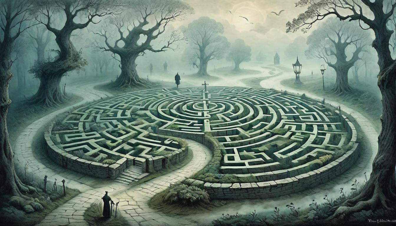  on parchment, surrealism+++, Labyrinthine pathways shrouded in fog, indistinct and winding, signs pointing in all directions, confusion, uncertainty, deceptive guidance(mysterious, provocative, symbolic,muted color)+++