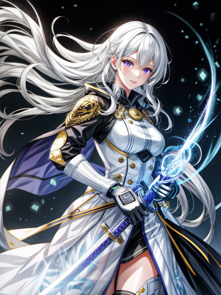  1 , white hair, purple eyes, sword, wielding sword, blue flame, glowing weapon, light particles, wallpaper, color difference, , fully  hyperrealistic, full body, detailed clothing, highly detailed, cinematic lighting, stunningly beautiful, intricate, sharp focus, f/1. 8, 85mm, (centered image composition), (professionally color graded), ((bright soft diffused light)), volumetric fog, trending on instagram, trending on tumblr, HDR 4K, 8K