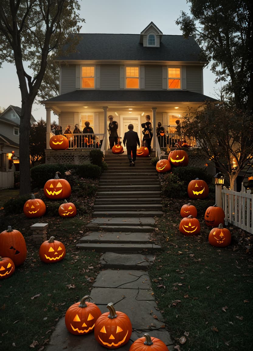  A trick or treating scene, people walking up to house from behind, jack o lanterns