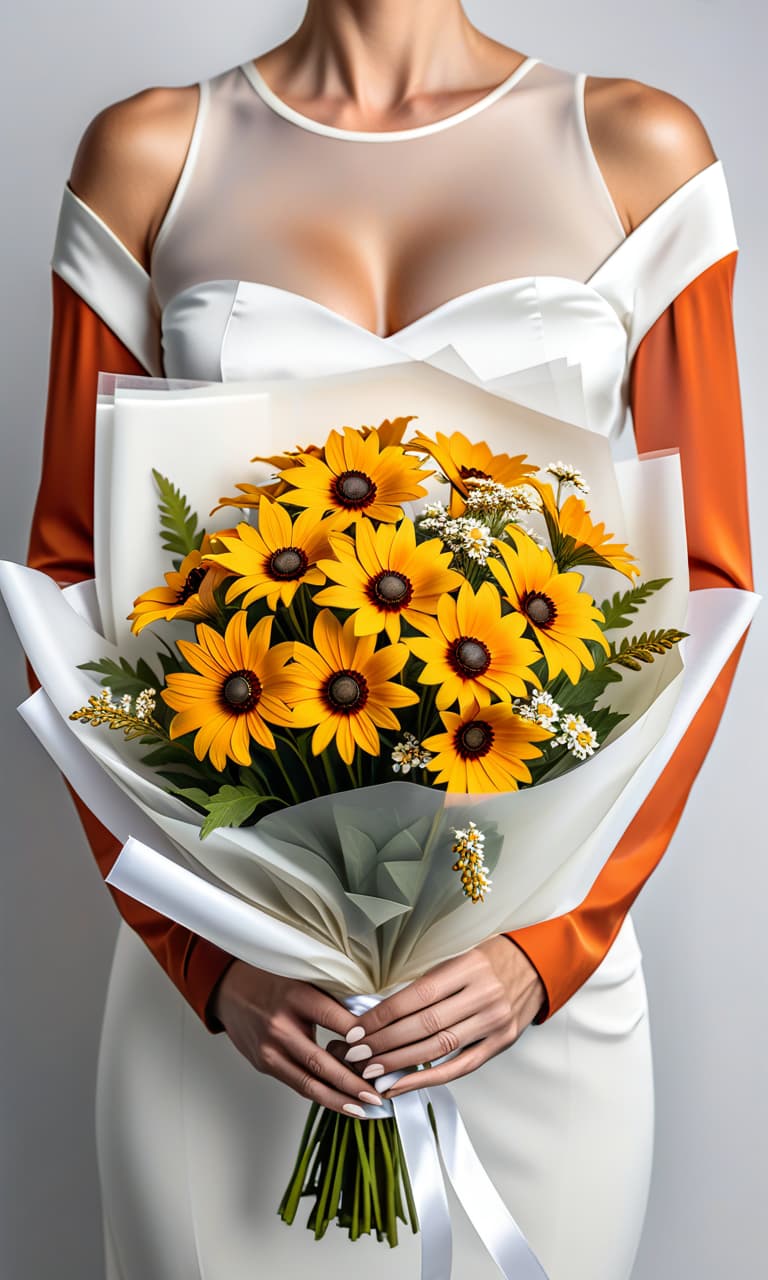  Stretched bundle of yellow Rudbeckia hirta in packaging, the bouquet is held by a hand, white background, the packaging is white and transparent, white ribbon hyperrealistic, full body, detailed clothing, highly detailed, cinematic lighting, stunningly beautiful, intricate, sharp focus, f/1. 8, 85mm, (centered image composition), (professionally color graded), ((bright soft diffused light)), volumetric fog, trending on instagram, trending on tumblr, HDR 4K, 8K