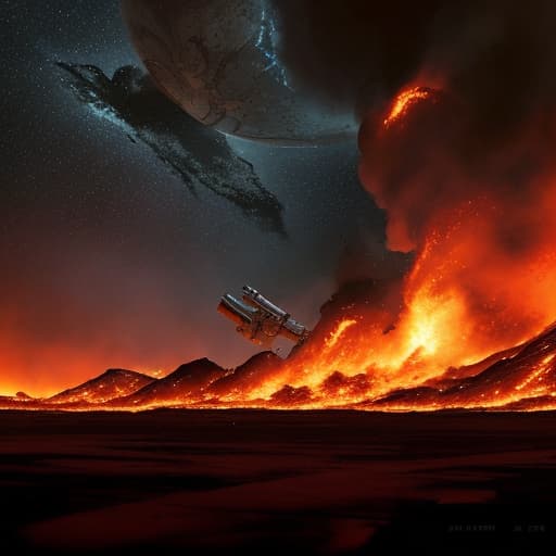  Cinematic, breathtaking photograph of a far away space station, covered in flames, burnt debris seen, outer space background wide body