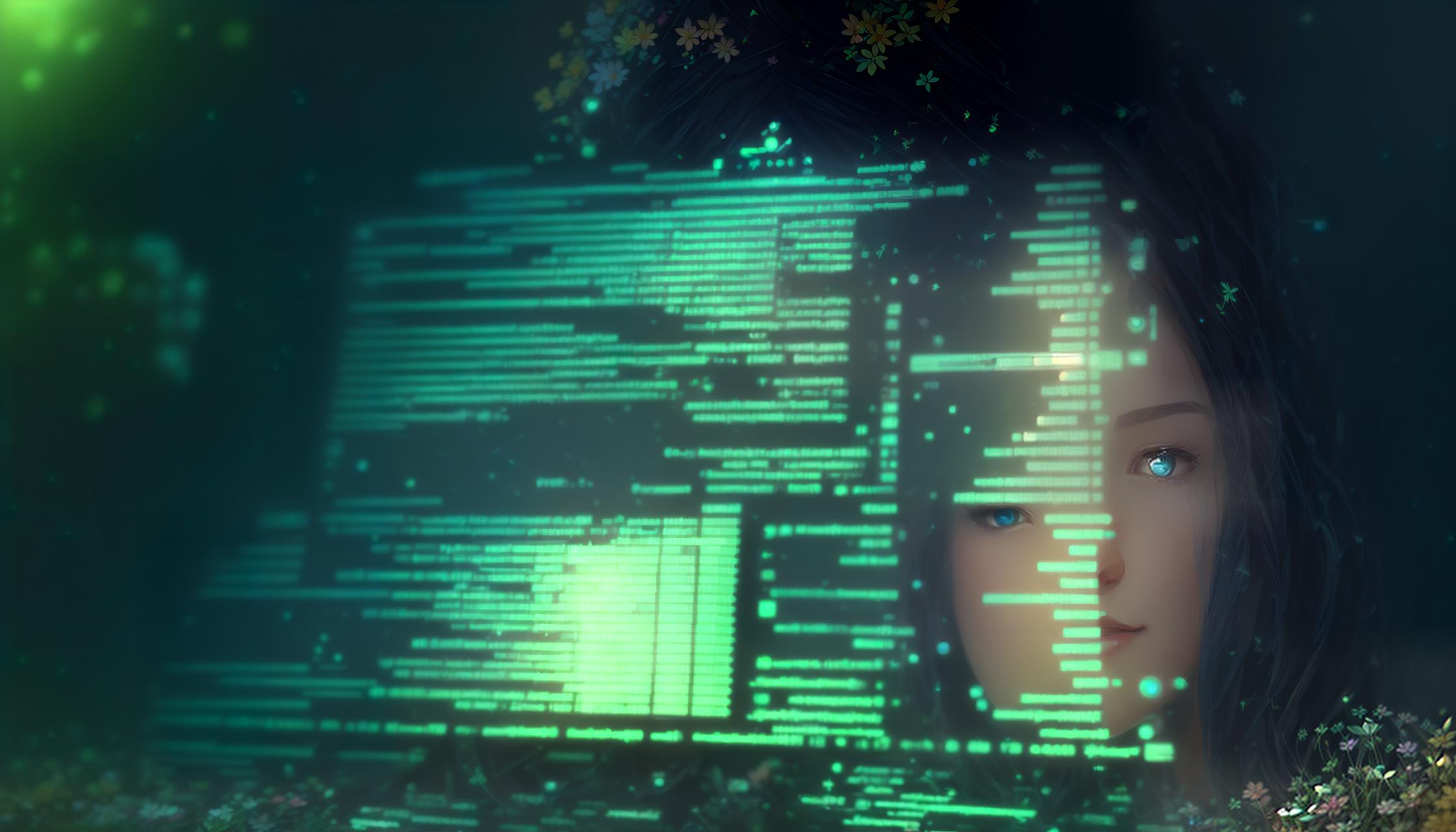  Closeup portrait of a computer screen with a bunch of code on it , happy background, grass skin, flowers, earth elemental, hair made of flora, nature character, pixar, disney, symmetrical, stylised, soft lighting, wlop, rossdraws, concept art, digital painting