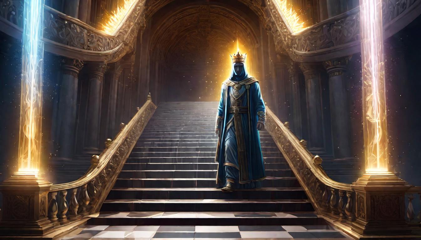  digital illustration, A crowned figure ascending a staircase of light, glowing with power, steps formed from luminous energy, majestic, triumphant, regal, looking at viewer, dynamic pose, (intricate details, masterpiece, best quality)