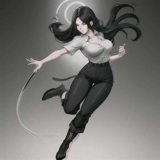  A woman of Asian appearance. She has black eyes and long black hair that touch the ground and is wears a big white shirt and long black pants with a high waist and that are wider at the bottom, and black boots that covered by pants. anime style Ethereal Elegance hyperrealistic, full body, detailed clothing, highly detailed, cinematic lighting, stunningly beautiful, intricate, sharp focus, f/1. 8, 85mm, (centered image composition), (professionally color graded), ((bright soft diffused light)), volumetric fog, trending on instagram, trending on tumblr, HDR 4K, 8K