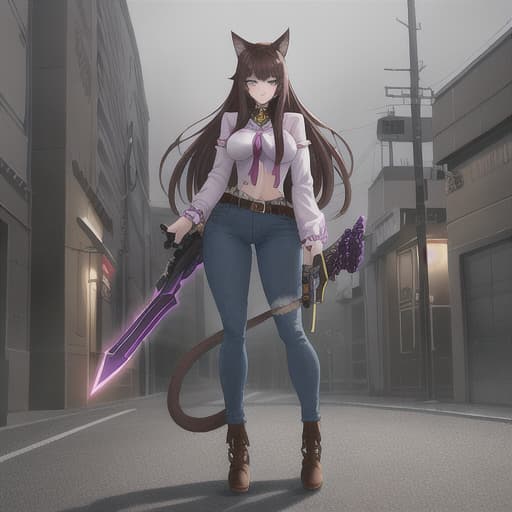  Cat girl, purple eyes, brown hair, fluffy tail, in a jean outfit, Drug Trafficker, with weapons hyperrealistic, full body, detailed clothing, highly detailed, cinematic lighting, stunningly beautiful, intricate, sharp focus, f/1. 8, 85mm, (centered image composition), (professionally color graded), ((bright soft diffused light)), volumetric fog, trending on instagram, trending on tumblr, HDR 4K, 8K