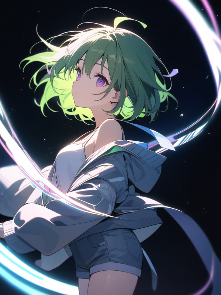  Solo,1girl,short hair,bob cut,ahoge,green hair,purple eyes,floating character,(clocks:1.2),jacket,off shoulder,long sleeves,from side,black background,dynamic lighting,light particles,(neon trails:1.2),shorts,, masterpiece, best quality,8k,ultra detailed,high resolution,an extremely delicate and beautiful,hyper detail